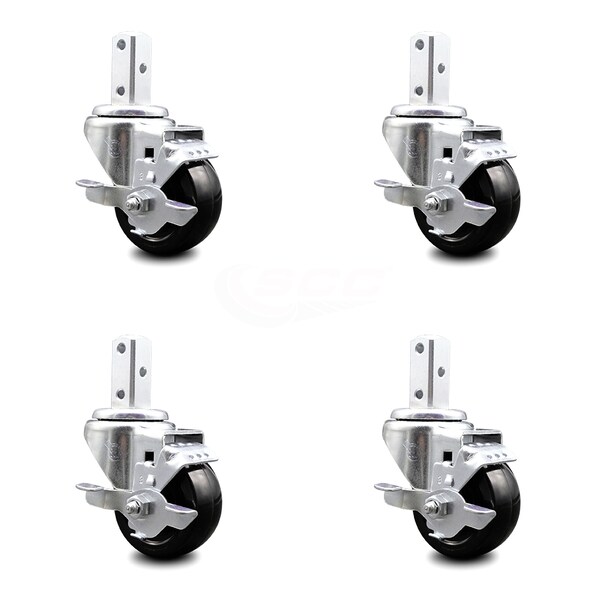 3 Inch Hard Rubber Wheel Swivel 7/8 Inch Square Stem Caster Set with Brake SCC